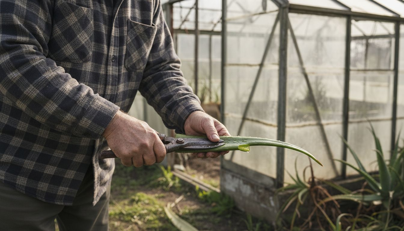 Ein Gärtner schneidet ein Blatt von einer Aloe Vera Pflanze ab.