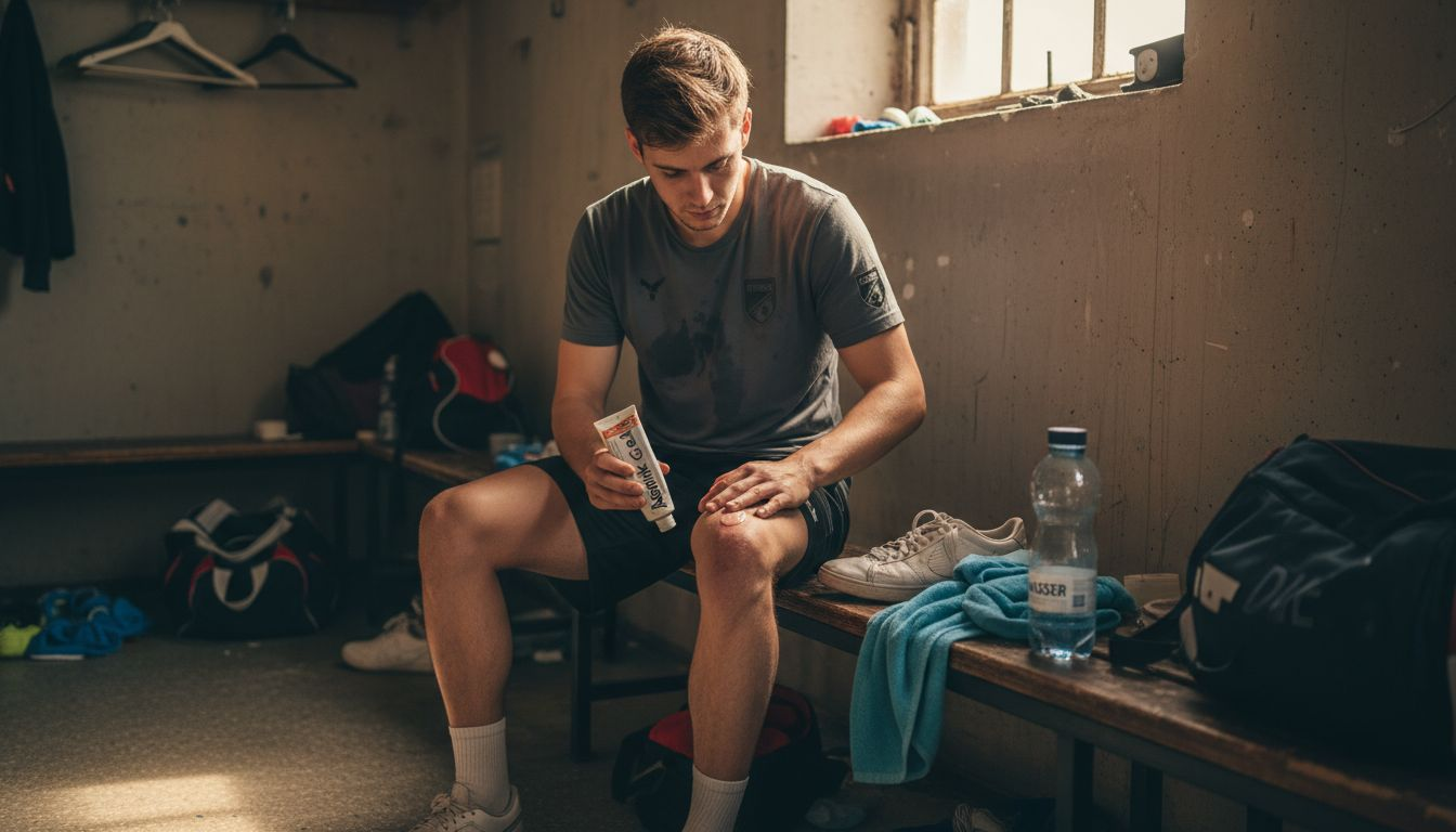 Eine Sportlerin behandelt ihr angeschlagenes Knie mit Arnika-Gel.