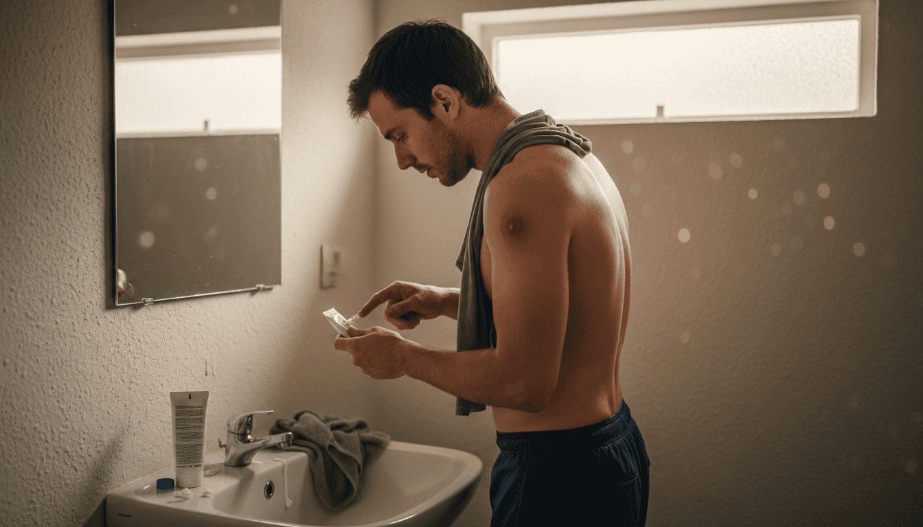 Ein Mann trägt im Badezimmer After-Sun-Lotion auf seine Haut auf.