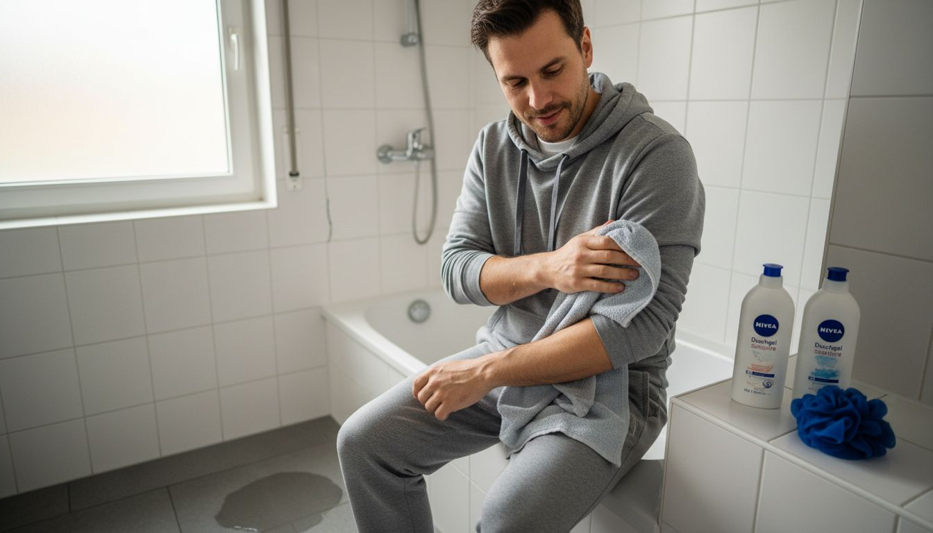 Ein Mann trocknet sich nach einer sanften Dusche sorgfältig ab.