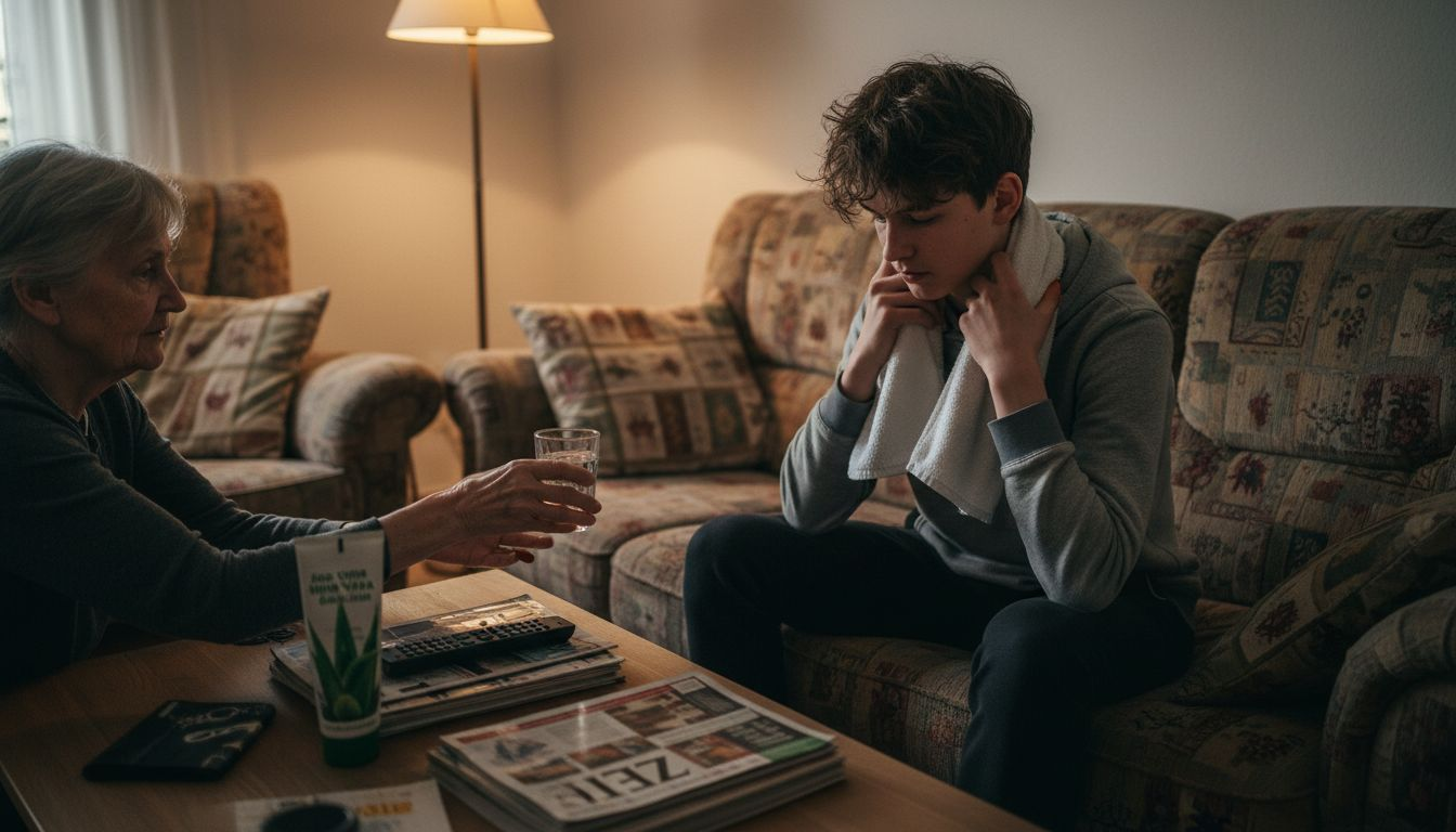 Ein Jugendlicher kühlt sich zu Hause mit einem Handtuch den Nacken.