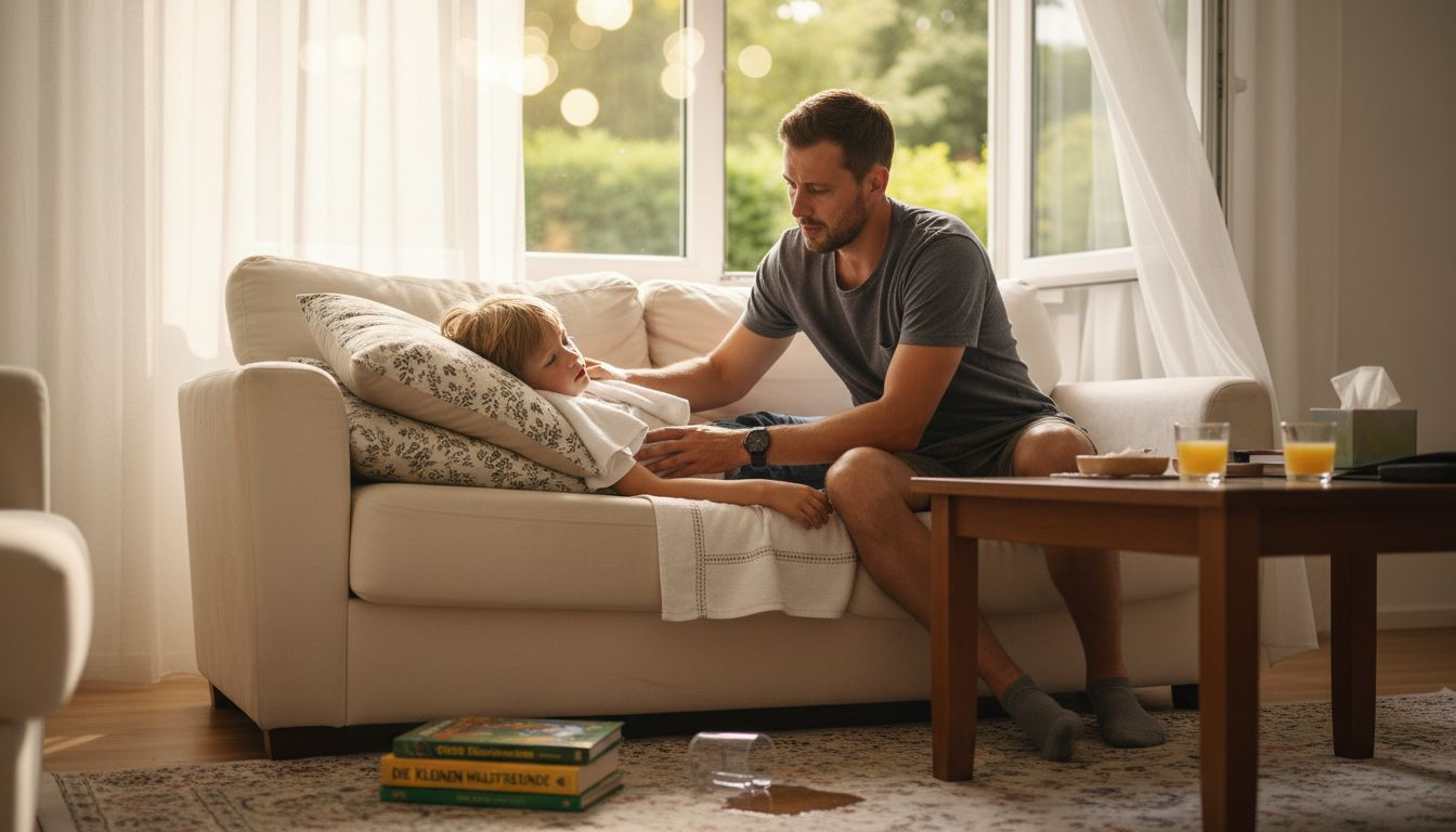 Ein Vater legt seinem Sohn ein kühles, feuchtes Handtuch in den Nacken, um ihm Erleichterung zu verschaffen.