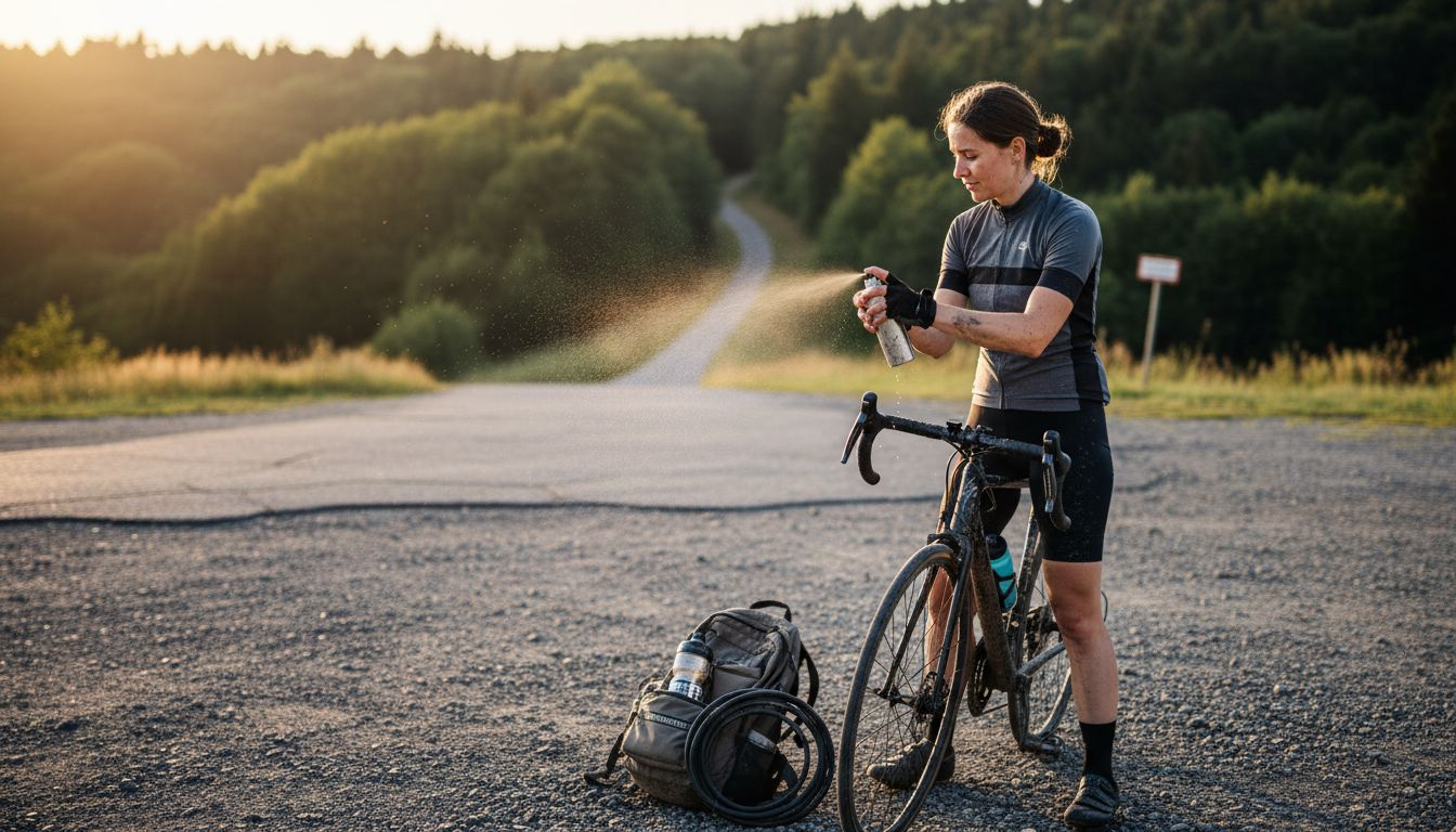 Nach der Radtour greift der Radfahrer zum Kühl-Spray, um seine Muskeln zu entspannen.