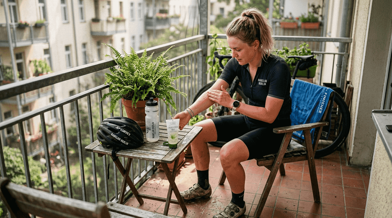 Ein Radfahrer gönnt sich auf dem Balkon eine erfrischende Hautpflege nach dem Training.