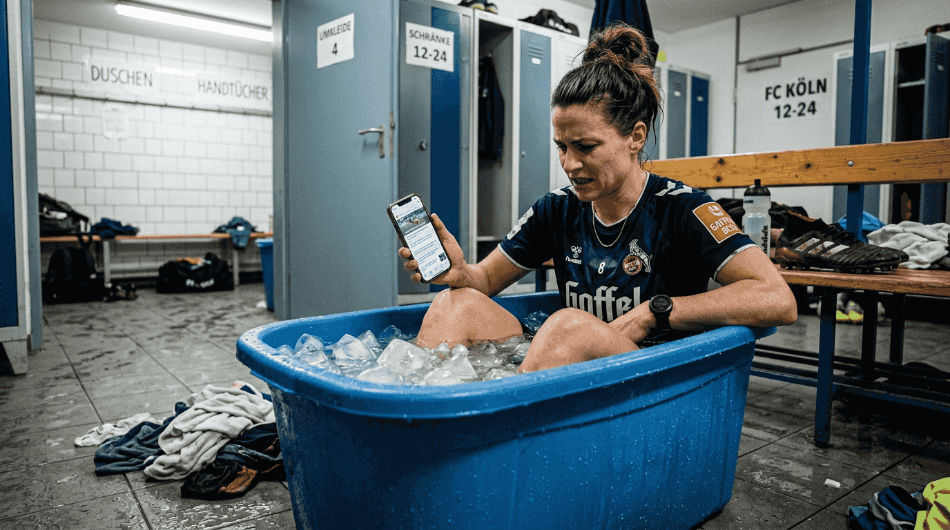 Ein Fußballspieler nimmt ein Eisbad, um seine Muskeln nach dem Training schneller zu regenerieren.