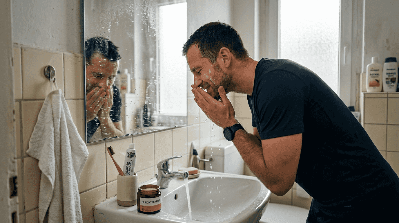 Nach dem Training erfrischt sich der Sportler, indem er sein Gesicht wäscht.