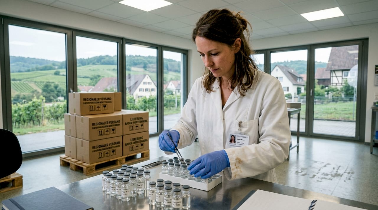 Ein Labortechniker prüft ein Naturprodukt im regionalen Prüflabor.
