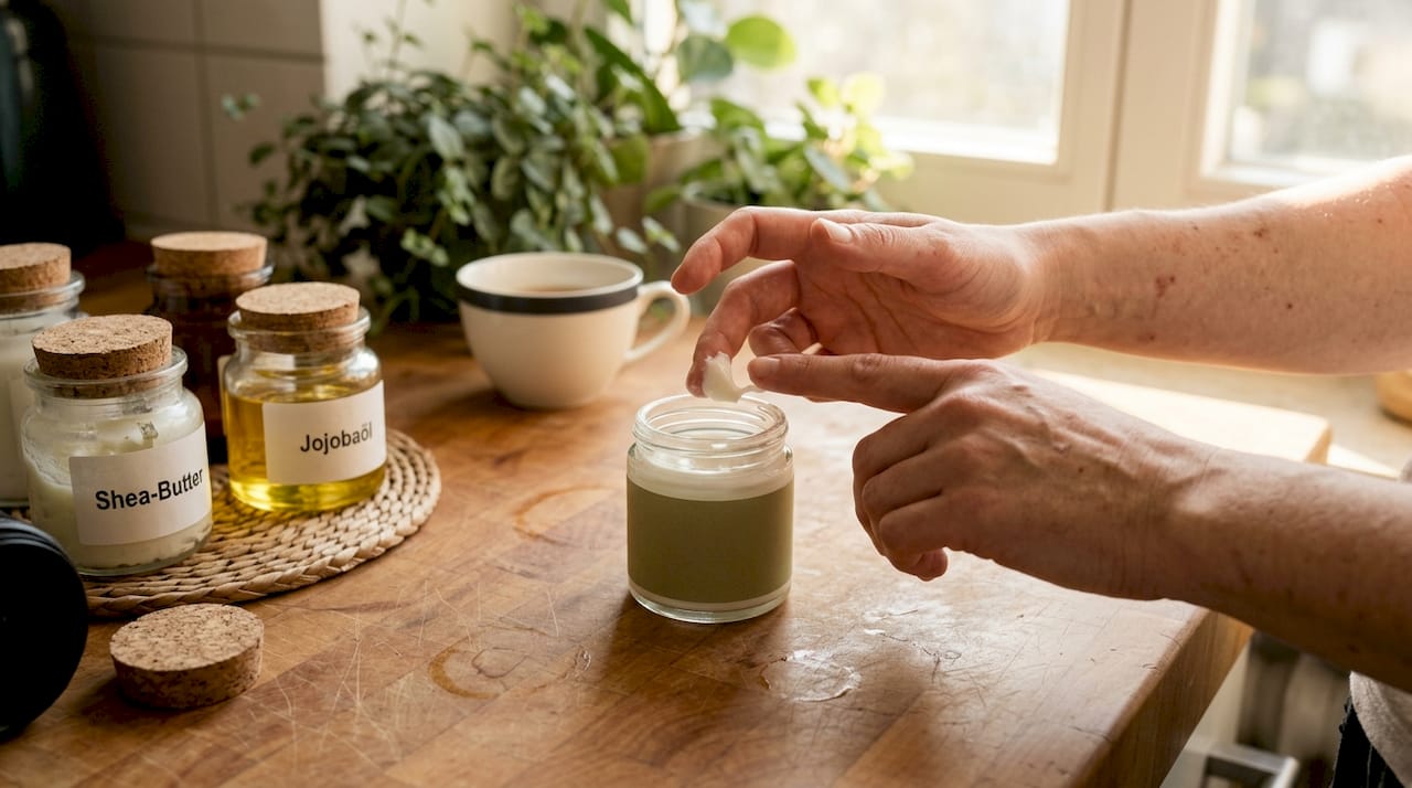 Mit den Händen wird etwas pflanzliche Creme aus einem Glasbehälter entnommen.