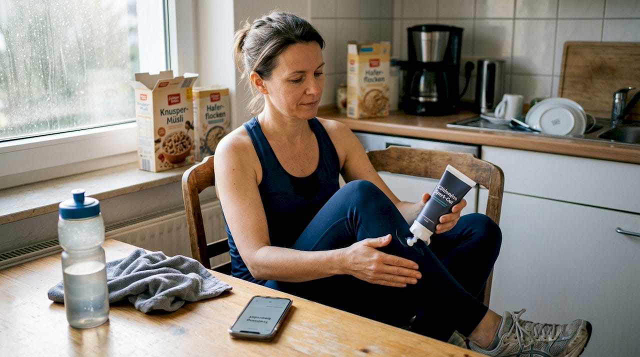 Nach dem Sport trägt eine Frau eine kühlende Creme auf, um ihre Muskeln zu entspannen.