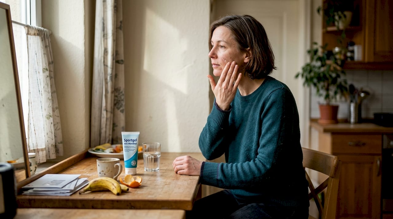 Eine Frau verwöhnt ihre Haut mit einer Pflege aus Aloe Vera und erfrischendem Menthol.