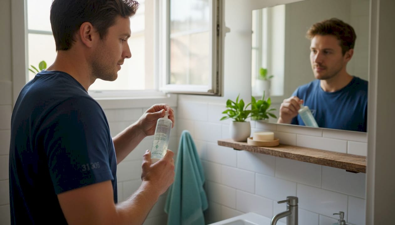 Bevor er das Aloe-Gel aufträgt, schaut sich der Mann seinen Sonnenbrand genau an.