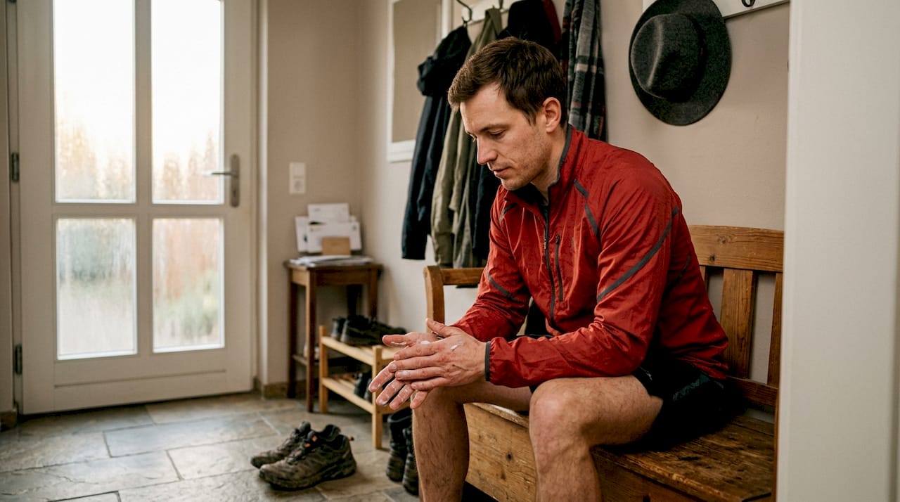 Nach dem Joggen in der Kälte cremt sich ein Mann direkt im Flur das Gesicht ein.