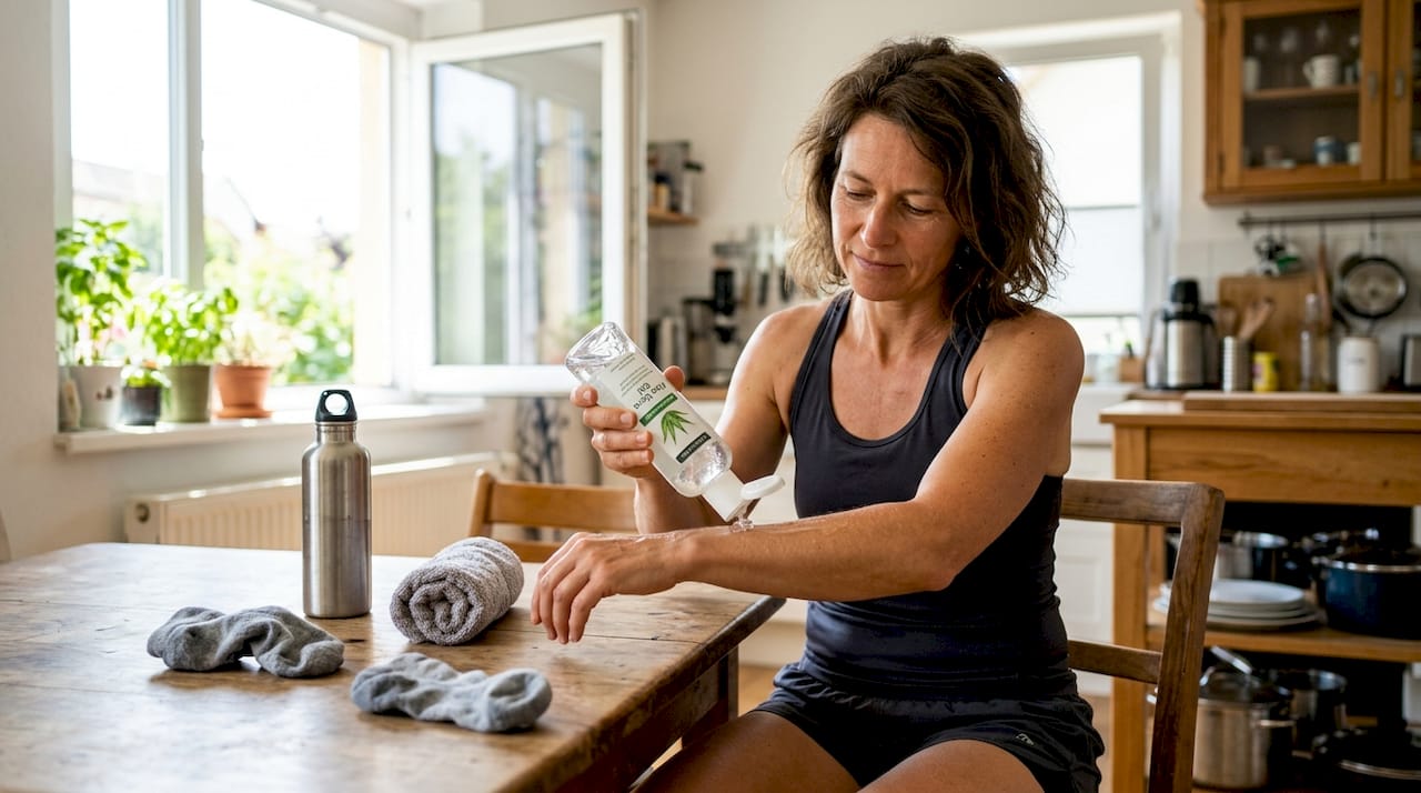 Nach dem Workout trägt die Person Aloe Vera auf, um die Haut zu pflegen.