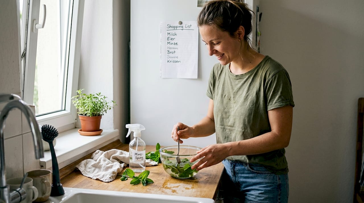 Eine Frau stellt in ihrer Küche ein erfrischendes Sprays selbst her.