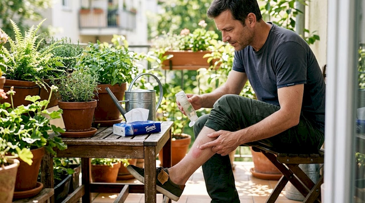 Ein Mann trägt im Freien Aloe-Vera-Gel auf sein Bein auf.