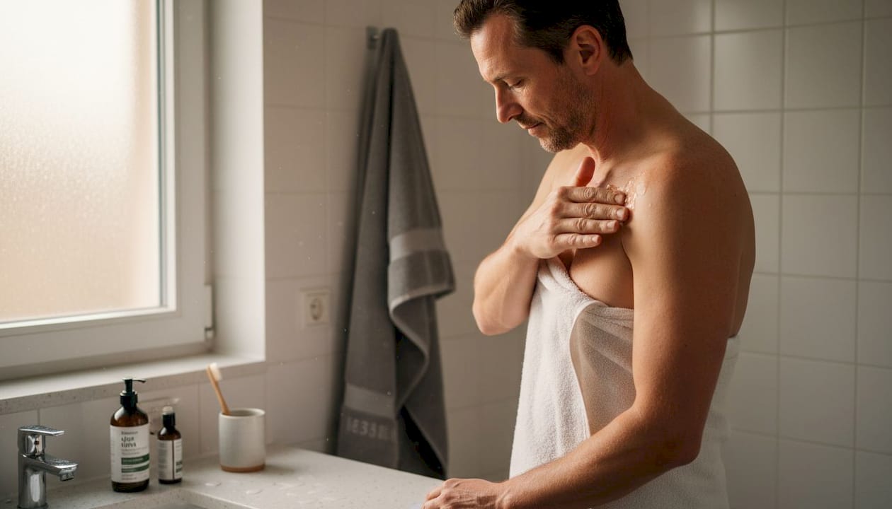 Ein Mann pflegt seine Haut nach dem Sonnenbaden mit Aloe Vera.