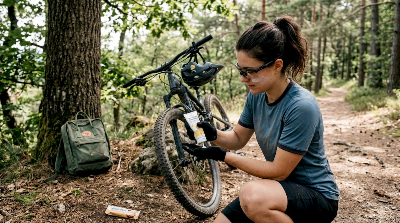 Ein Mountainbiker trägt draußen mineralische Sonnencreme auf, bevor er sich auf die Strecke begibt.