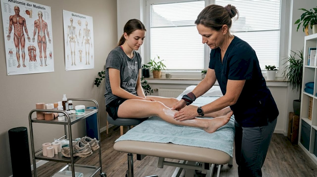 Eine Physiotherapeutin trägt schmerzlindernde Mentholcreme auf, um Beschwerden gezielt zu behandeln.