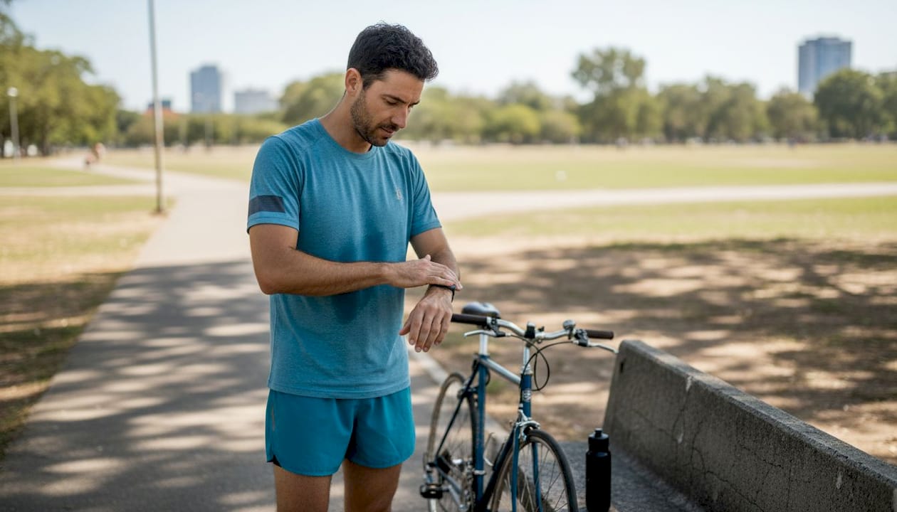 Beim Joggen im Park achtet sie auf ihre Haut und cremt sich vorher mit Sonnenschutz ein.