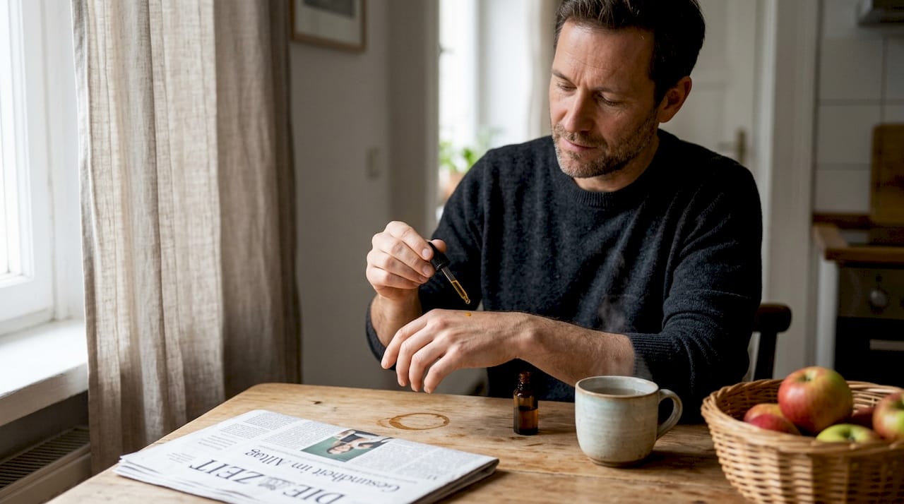 Ein Mann trägt am Küchentisch Hagebuttenöl auf.