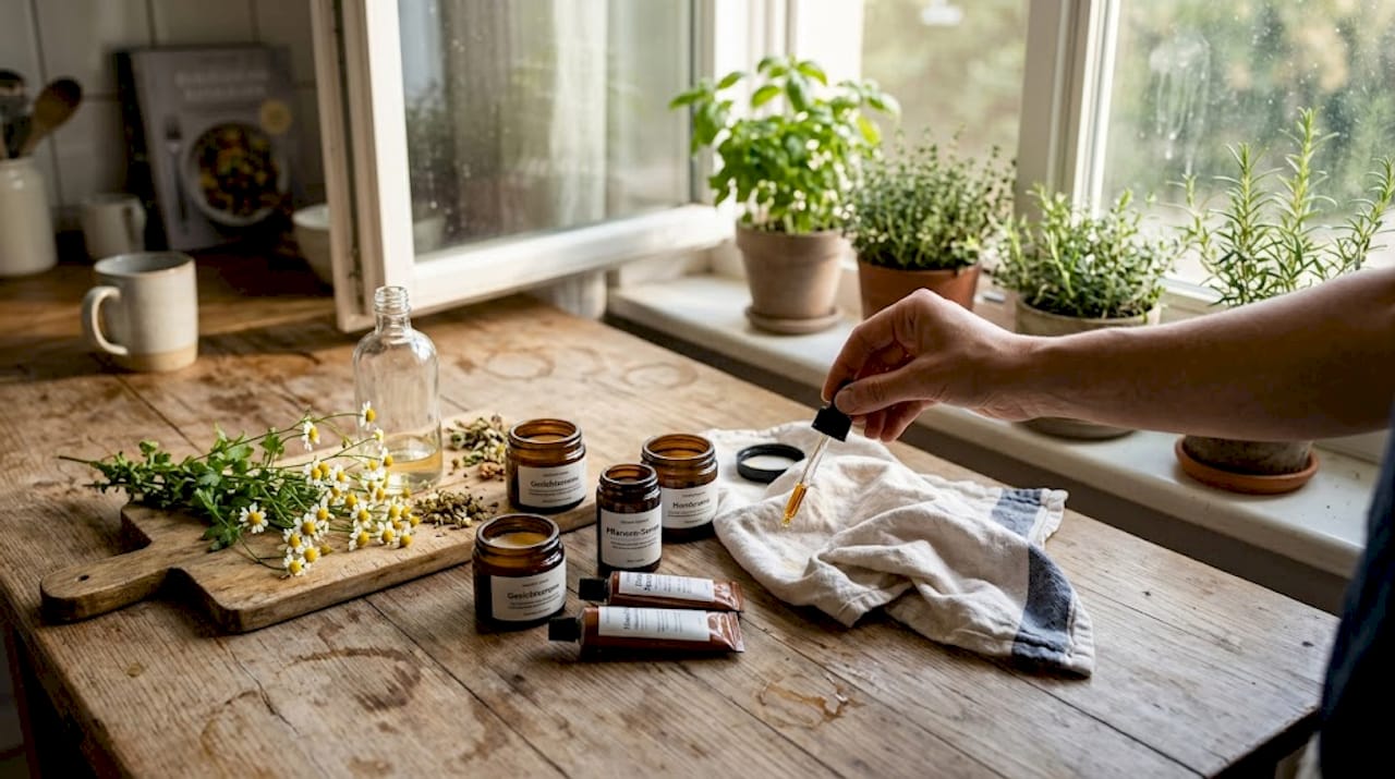 Pflanzenbasierte Kosmetikprodukte liebevoll auf dem Küchentisch arrangiert