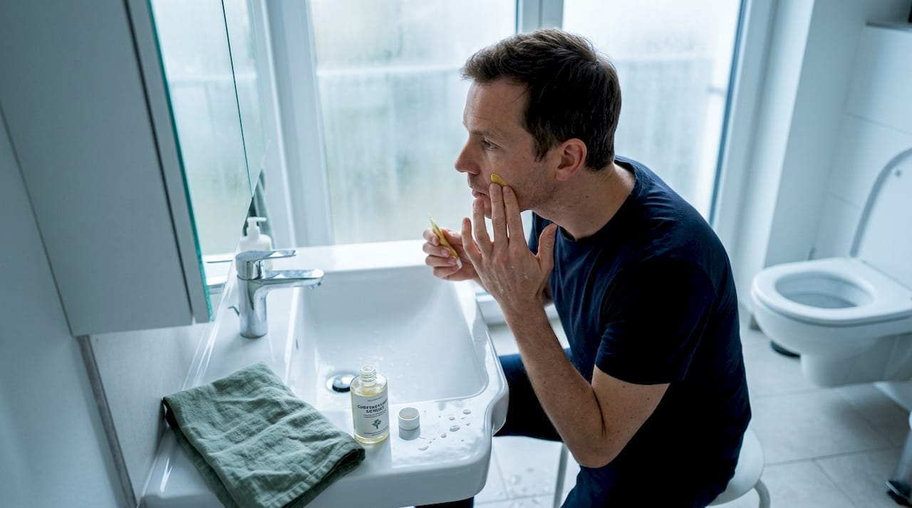 Ein Mann gibt Chrysanthemen-Extrakt in sein Badewasser.