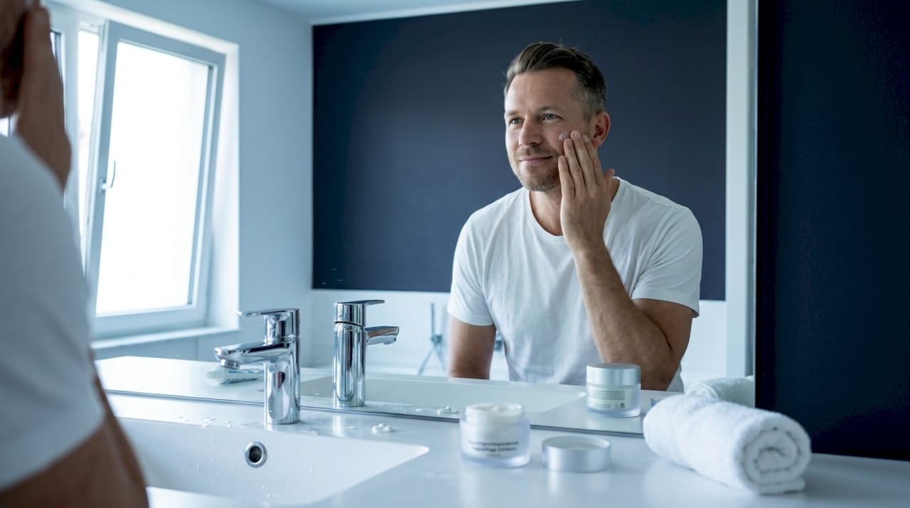 Ein Mann cremt sich im Badezimmer das Gesicht ein.
