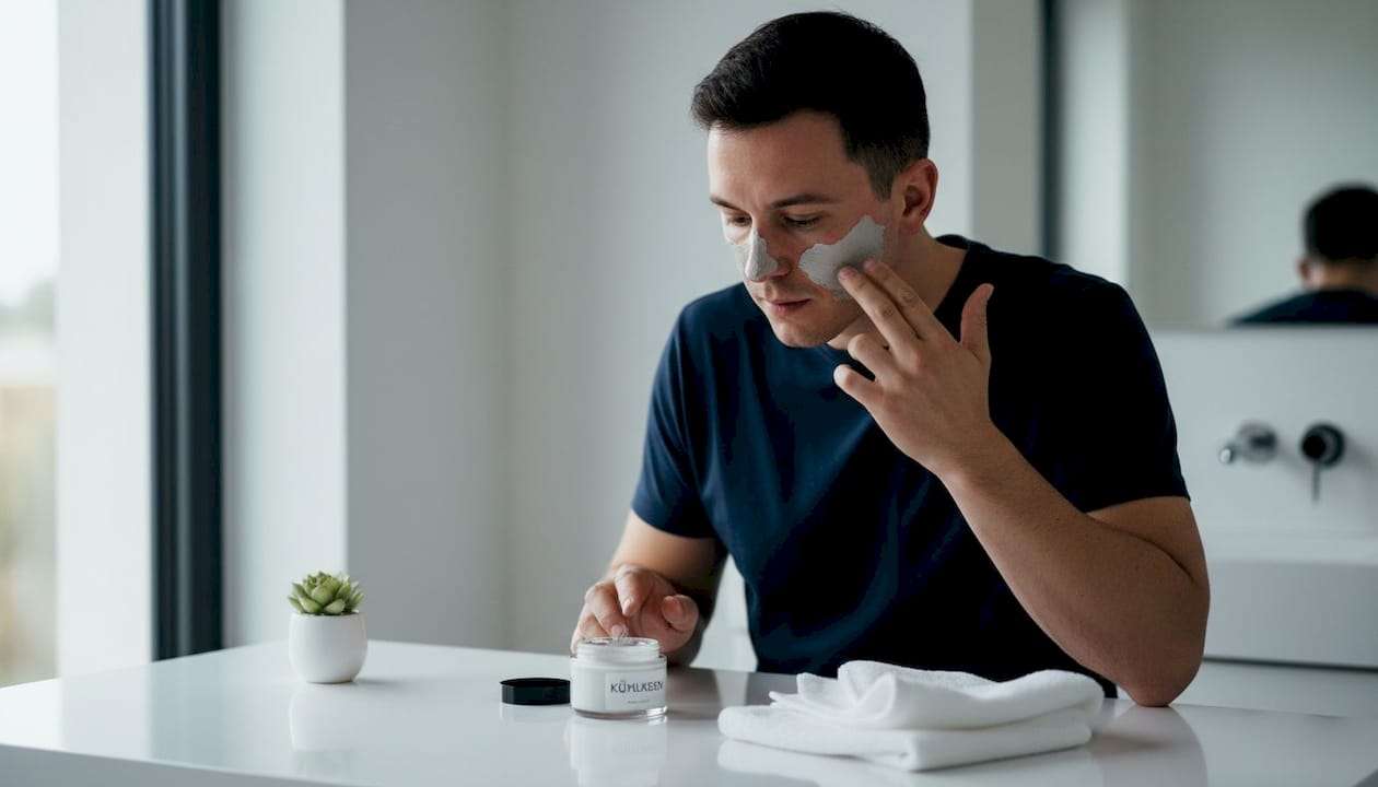 Ein Mann trägt eine beruhigende Tonerde-Maske für empfindliche Haut auf.