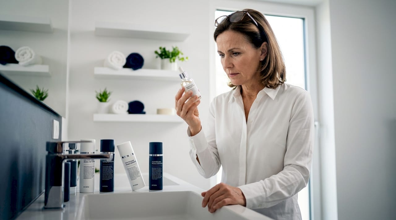 Eine Frau prüft die Inhaltsstoffe ihrer Hautpflegeprodukte auf mögliche Allergene.