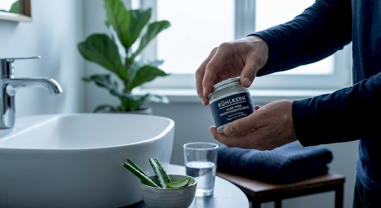 Hände, die ein Tiegel mit Aloe-Vera-Creme halten