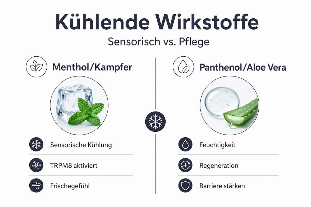 Die Infografik zeigt einen Überblick über verschiedene Inhaltsstoffe zur Hautkühlung und stellt deren Wirkung gegenüber.