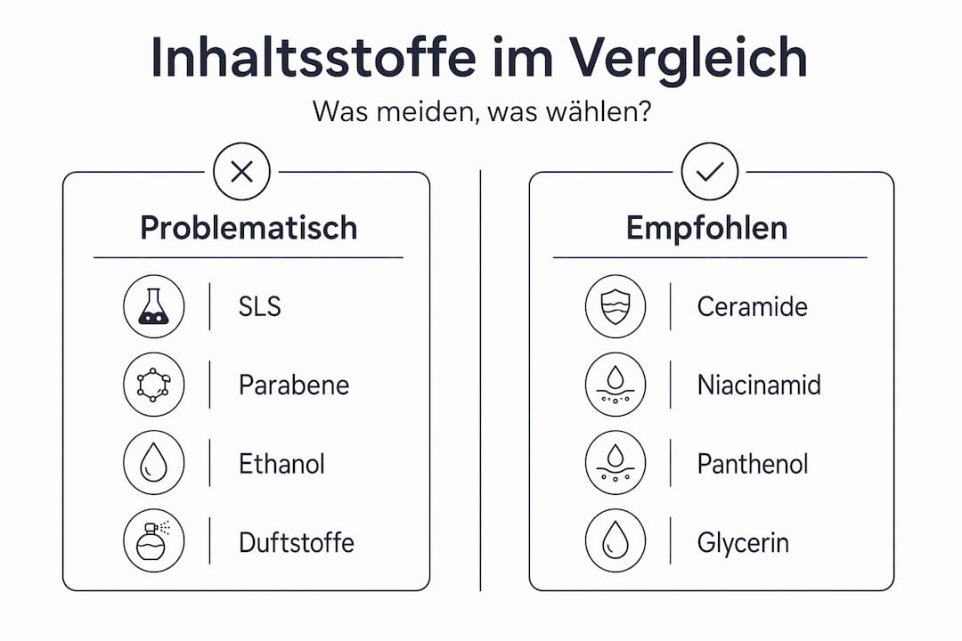 Eine anschauliche Infografik zeigt auf einen Blick, welche Inhaltsstoffe in der Hautpflege eher problematisch sind und welche Experten empfehlen.