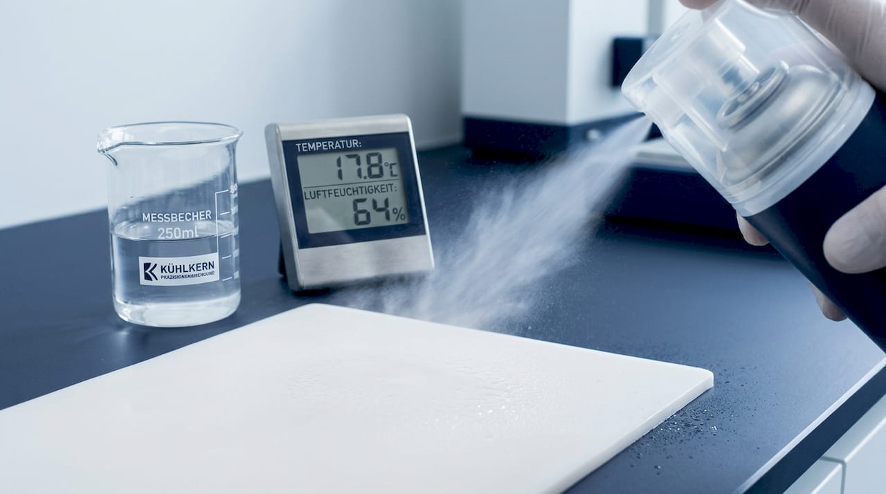 Nahaufnahme von verdampfendem Kühlspray und den dabei entstehenden Kondensationströpfchen