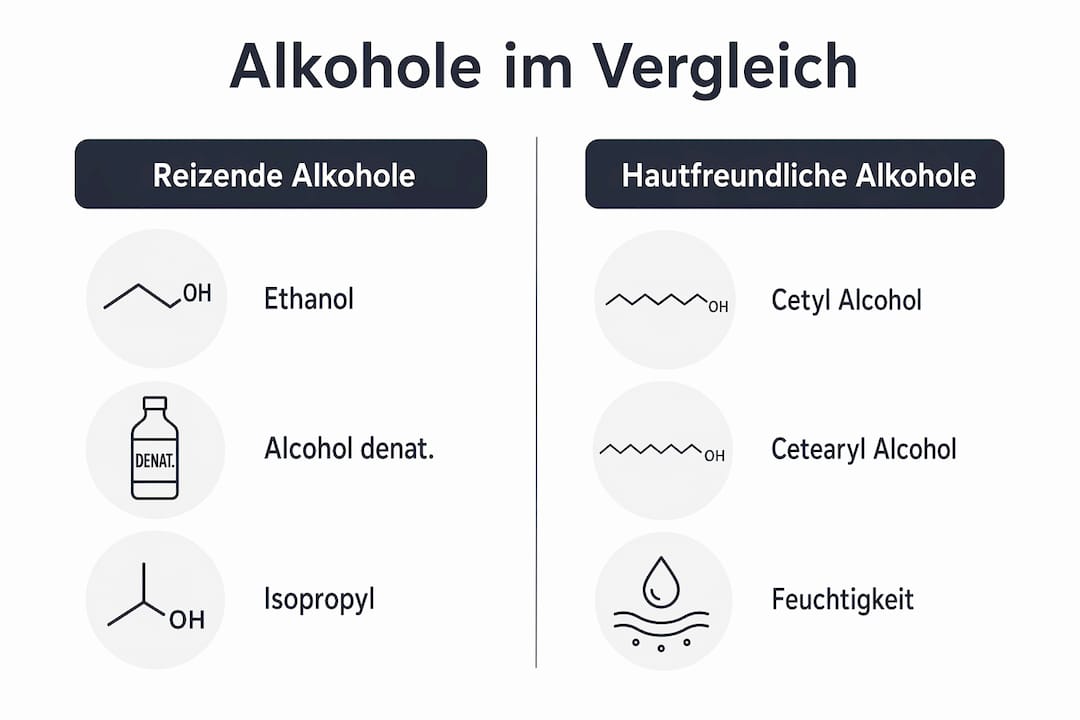 Übersichtsgrafik: Hautreizende vs. hautverträgliche Alkohole im Vergleich