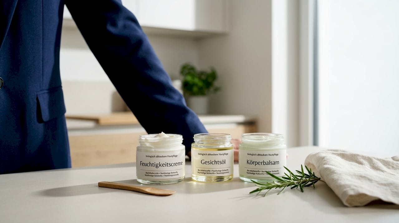 Natürliche, biologisch abbaubare Inhaltsstoffe für Hautpflege schön arrangiert auf einem Tisch.