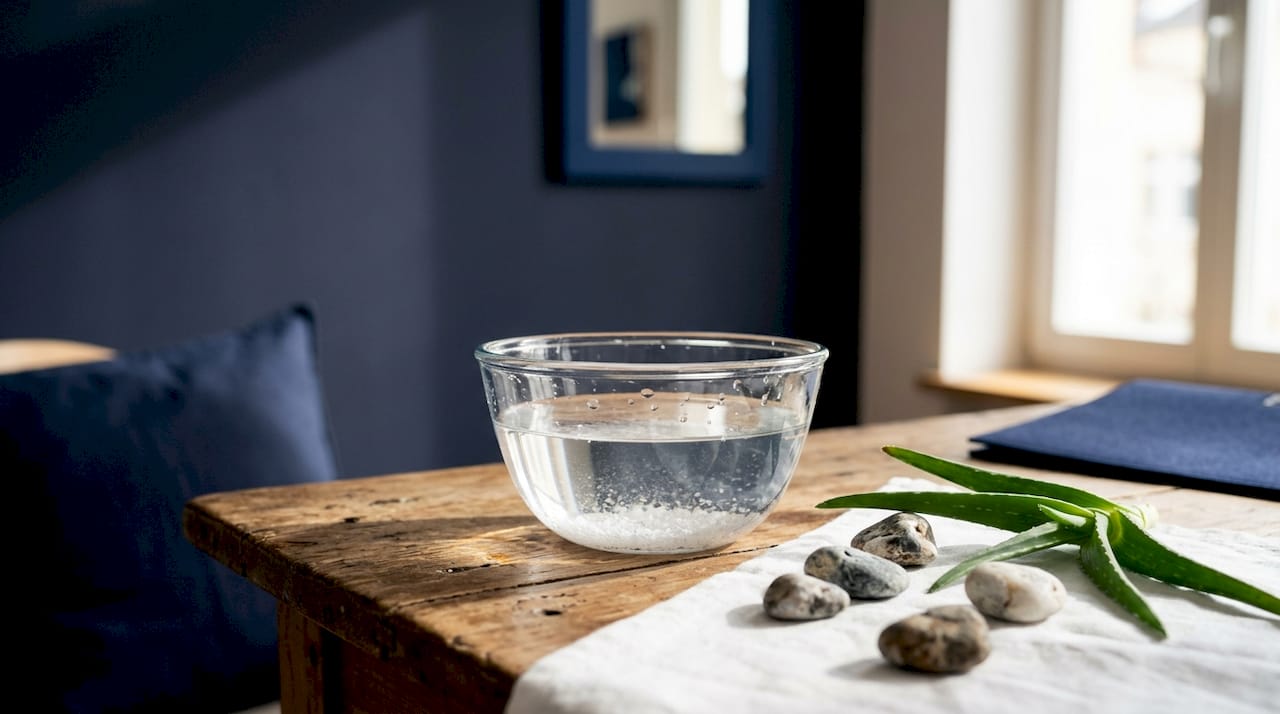 Auf dem Holztisch steht eine Glasschale, gefüllt mit Meerwasser und Mineralien.