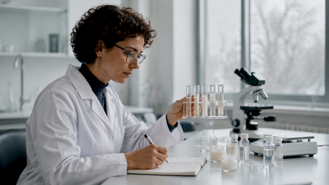 Im Labor nimmt ein Wissenschaftler die Inhaltsstoffe von Kosmetikprodukten genau unter die Lupe.