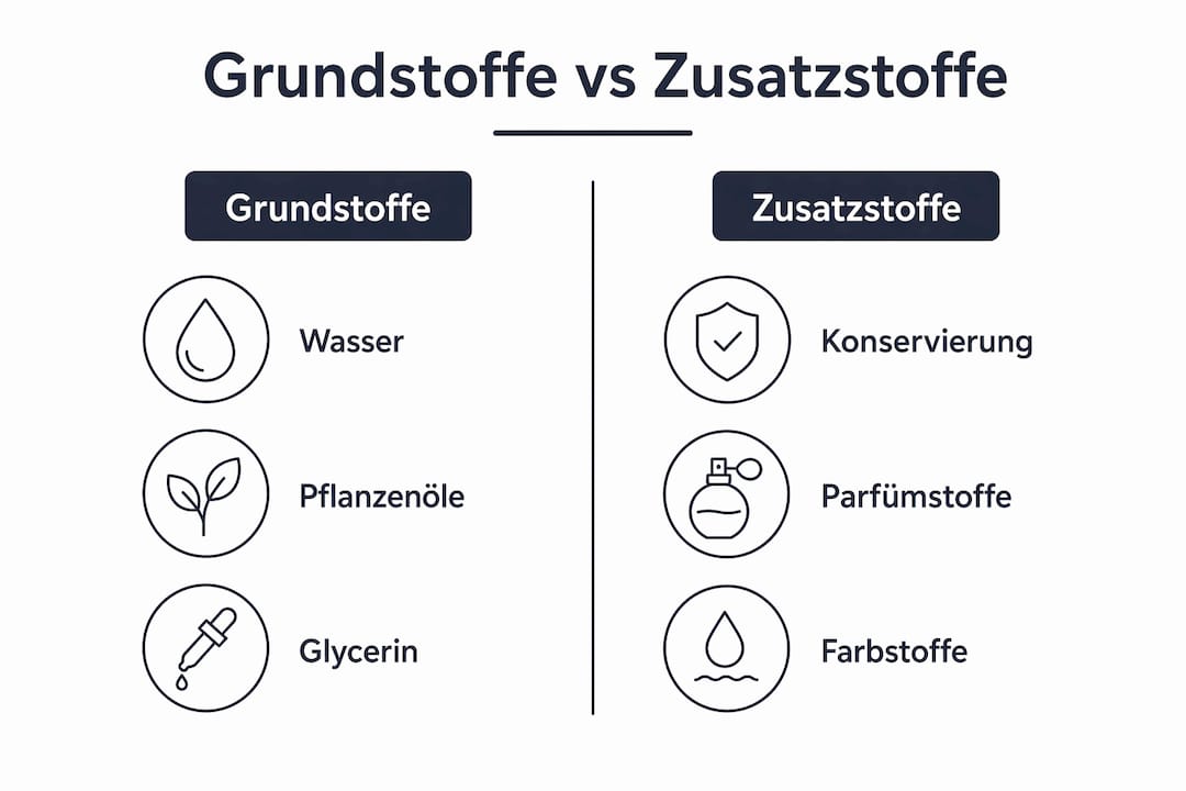 Die Infografik veranschaulicht den Unterschied zwischen Basis- und Zusatzstoffen auf einen Blick.