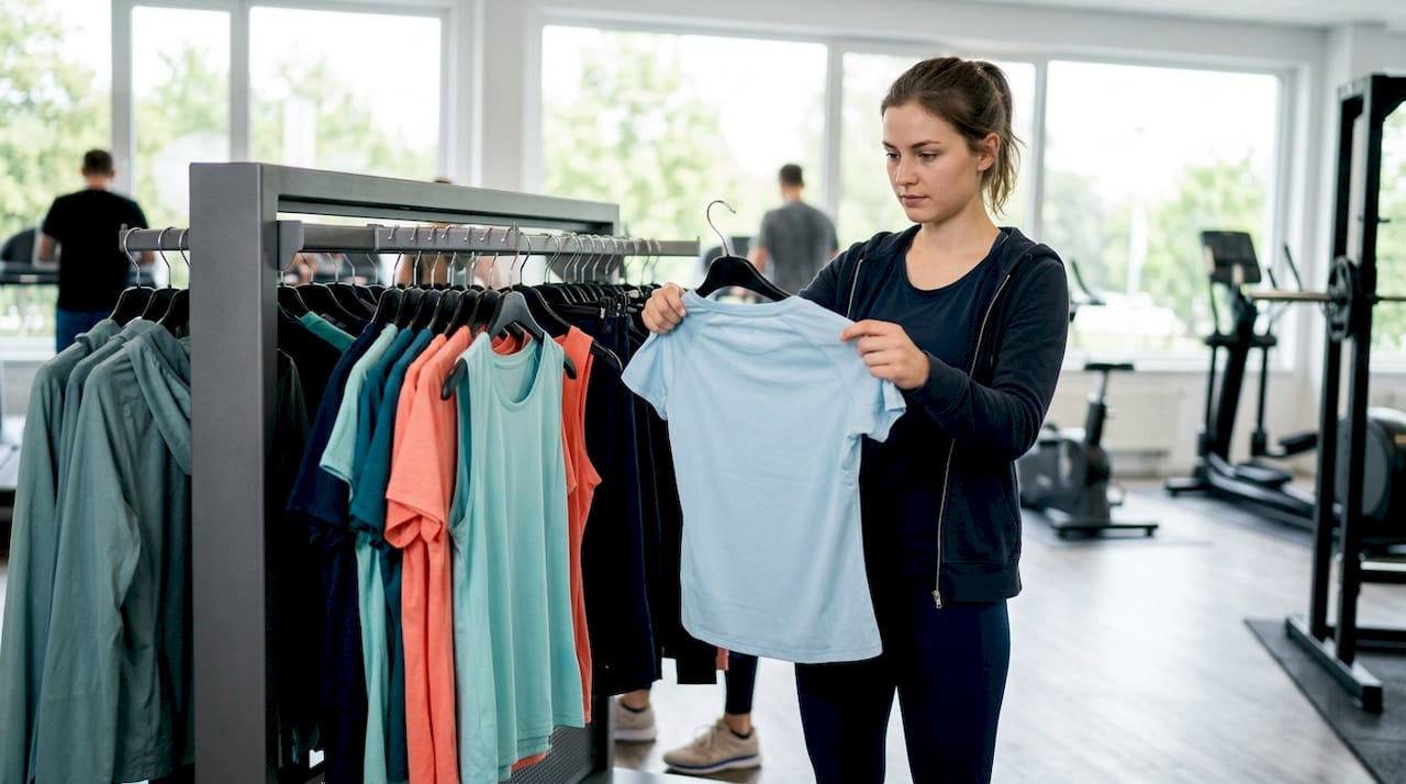 Eine Frau schaut sich im Laden Sportbekleidung mit UV-Schutz an.