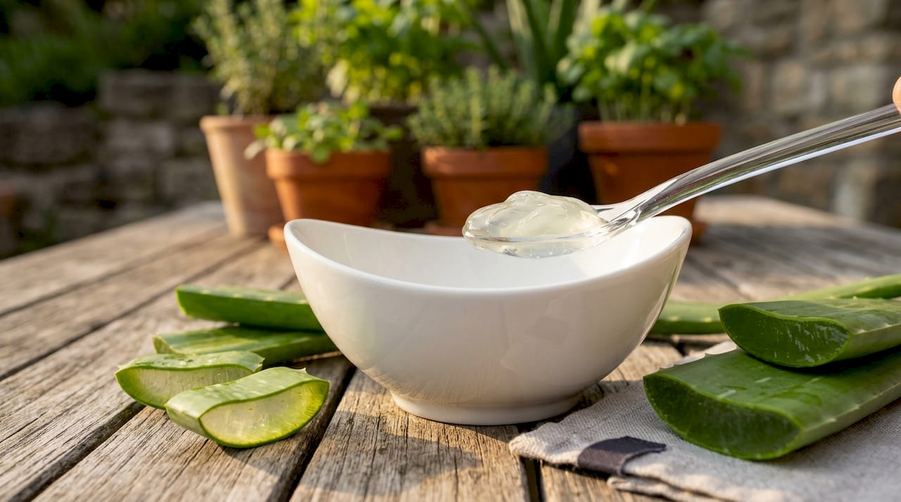 Detailaufnahme: Ein Löffel voll frischem Aloe-Vera-Gel neben saftigen Blättern.