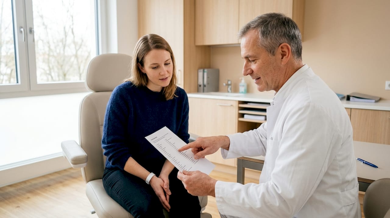 Der Arzt bespricht mit der Patientin ihre Allergien und zeigt ihr die entsprechende Liste.