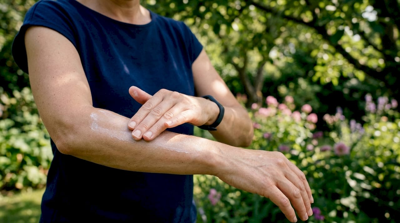 Mit der Hand wird Sonnencreme auf die Haut aufgetragen.
