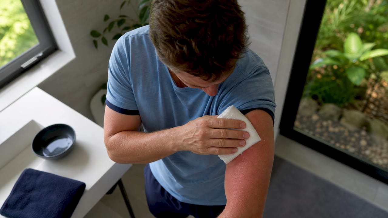 Mit den Händen wird ein kühler Umschlag auf einen sonnenverbrannten Arm gelegt, um die Haut zu beruhigen.
