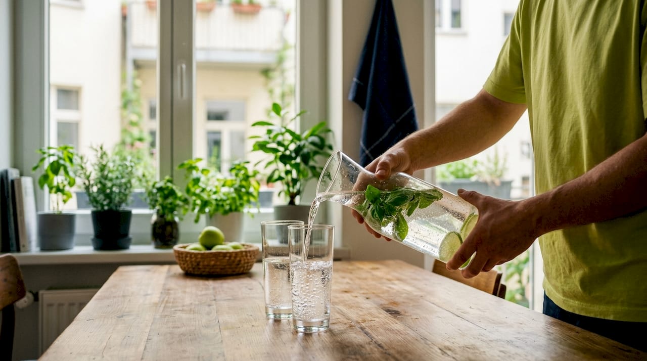 In der sonnendurchfluteten Küche wird aromatisiertes Wasser eingeschenkt.