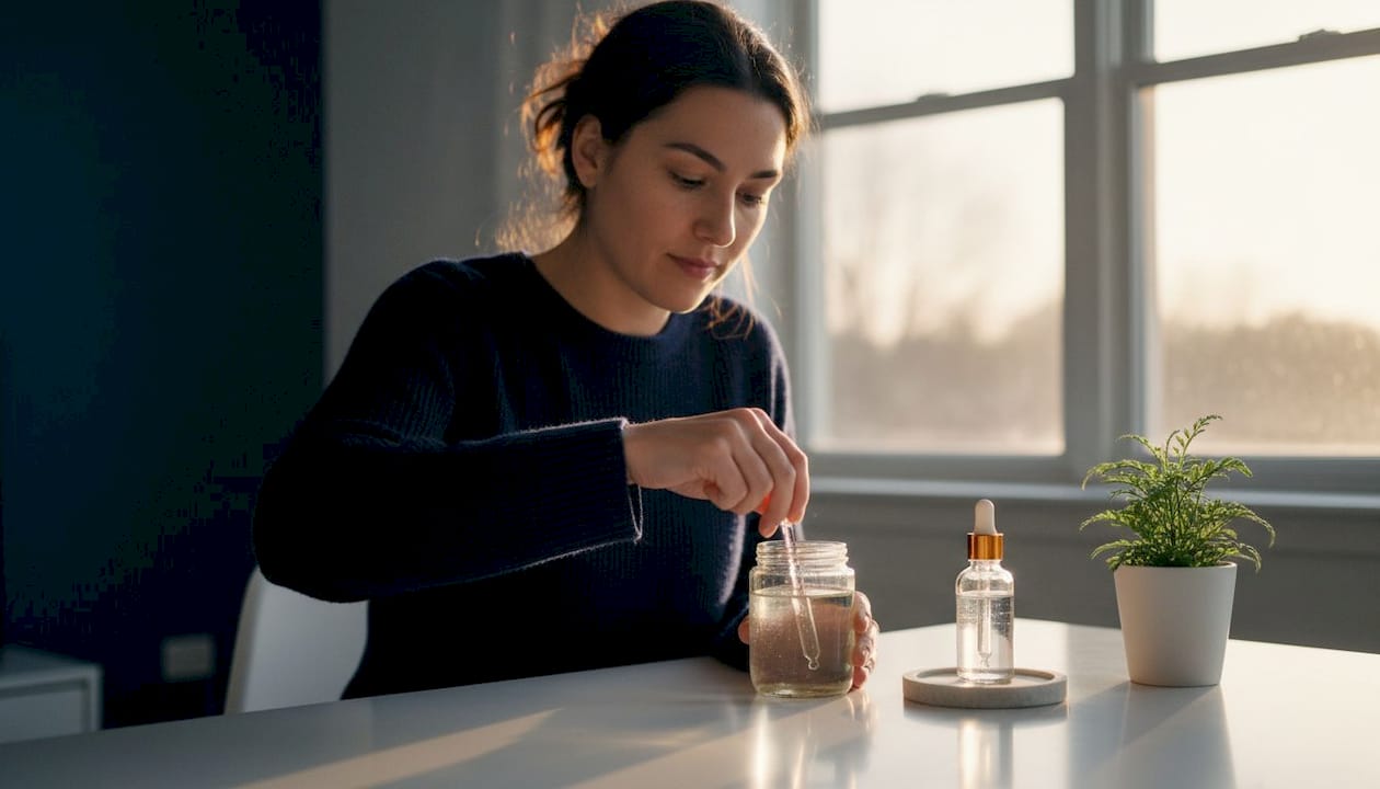 In den Händen werden Jojobaöl und ein Serum für die Hautpflege präsentiert.