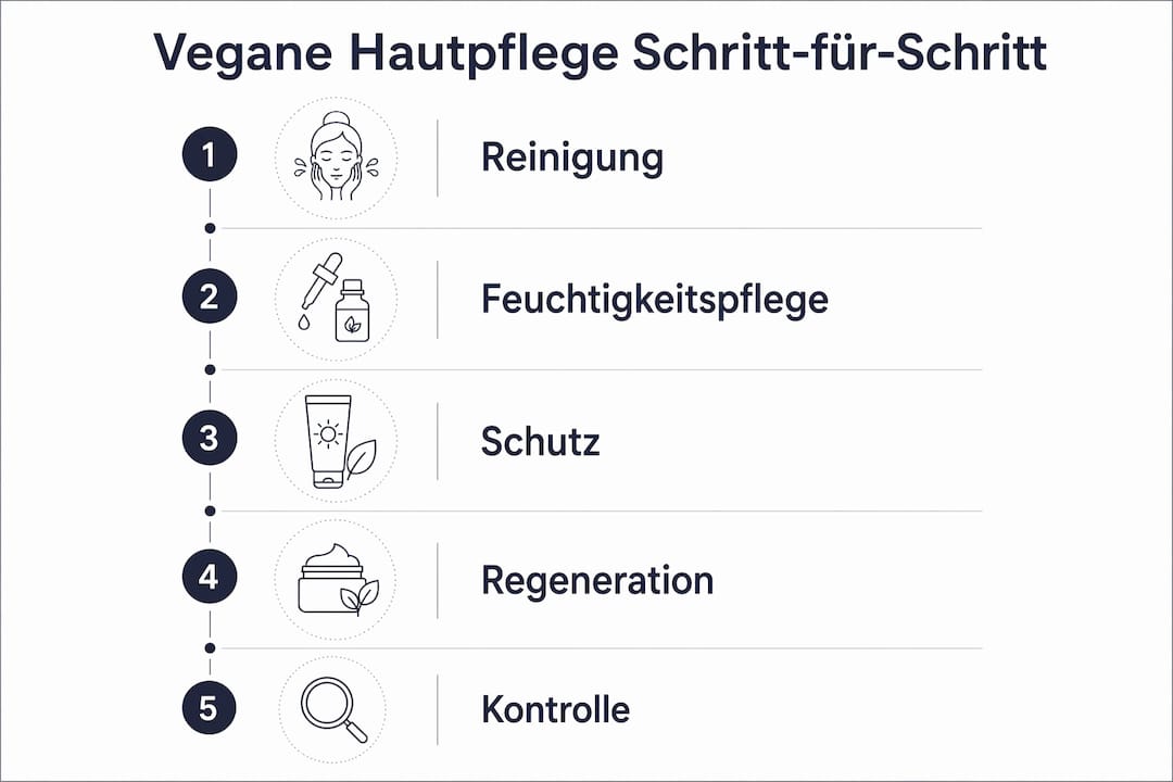 Diese Infografik führt dich Schritt für Schritt durch eine vegane Hautpflegeroutine.