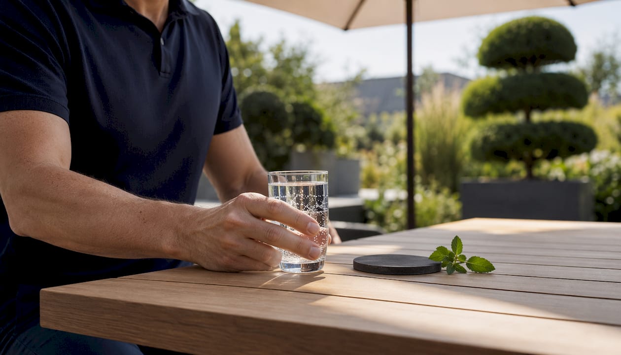 Ein Paar Hände stellt ein Glas Wasser auf den Gartentisch.