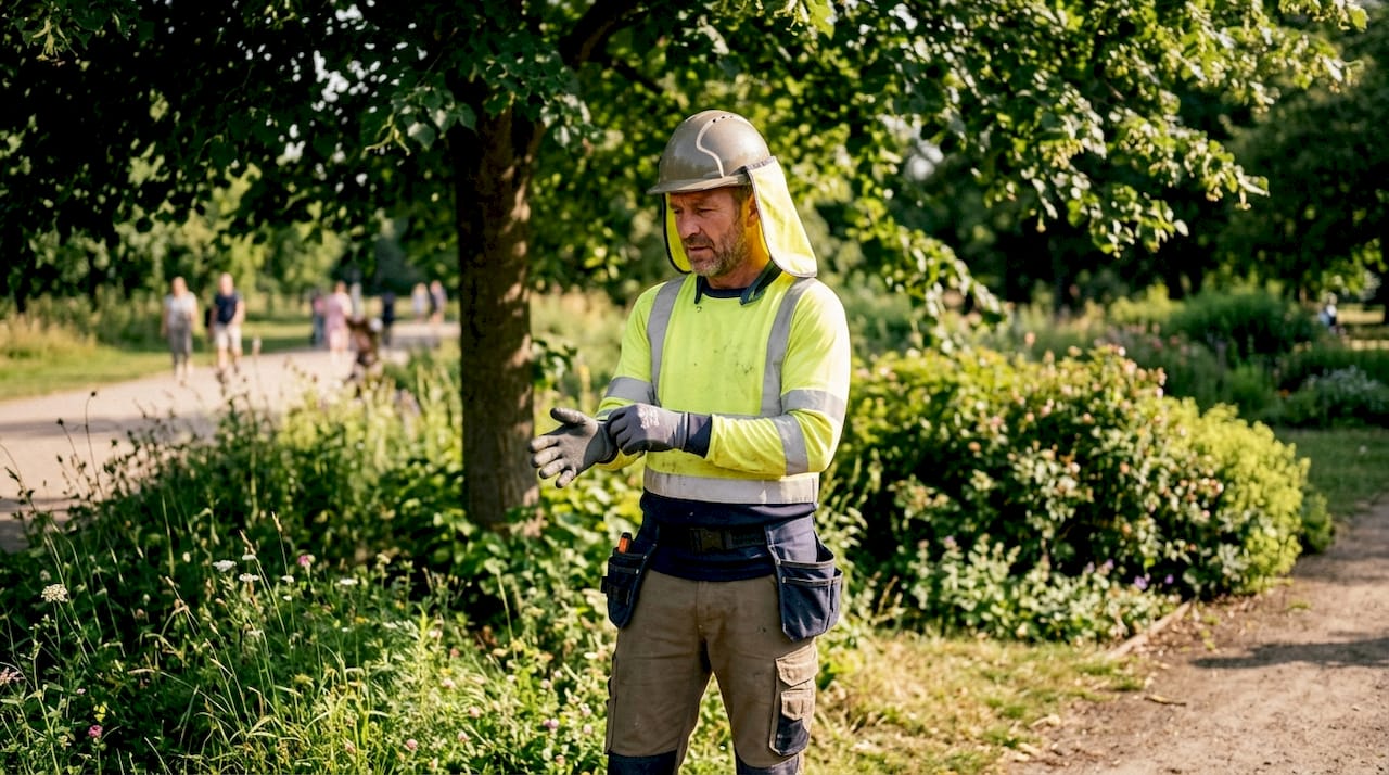 Ein Bauarbeiter trägt spezielle UV-Schutzkleidung auf der Baustelle, um sich vor der Sonne zu schützen.