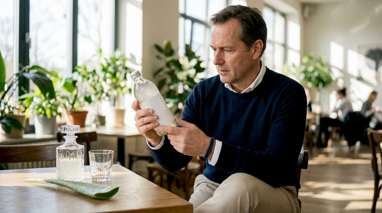 Ein Mann begutachtet in seiner Küche eine Flasche Aloe-Vera-Saft und prüft die Angaben auf dem Etikett.