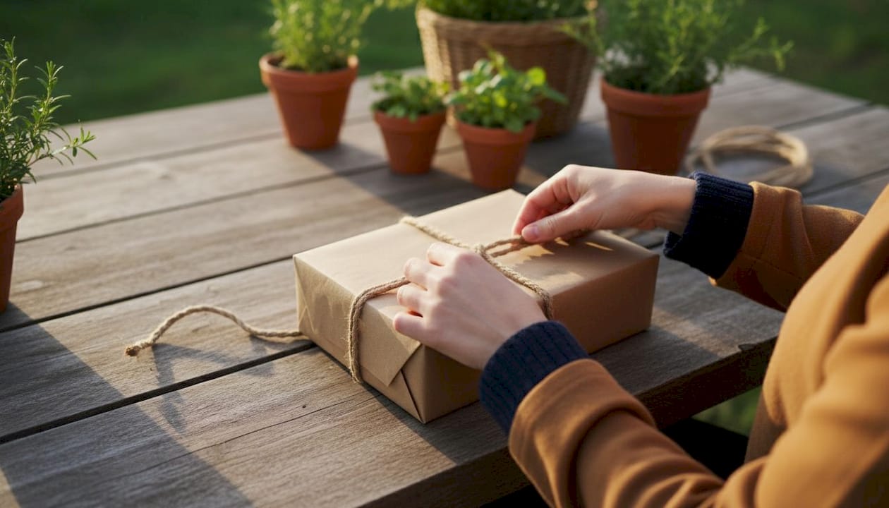 Detailaufnahme: Hände binden ein dekoratives Stoffband um ein Geschenk.